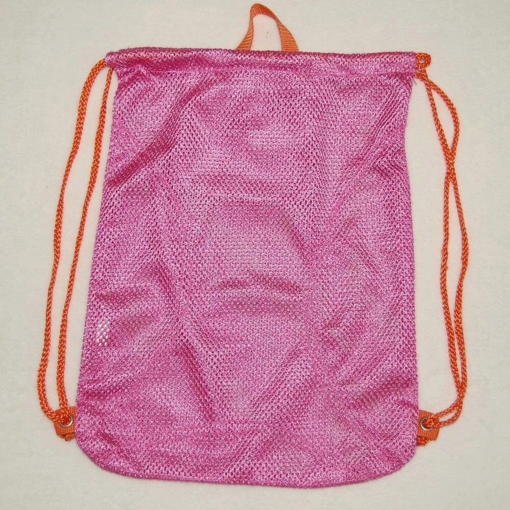 Girls Fuchsia Pink Mesh Drawstring Beach Bag
